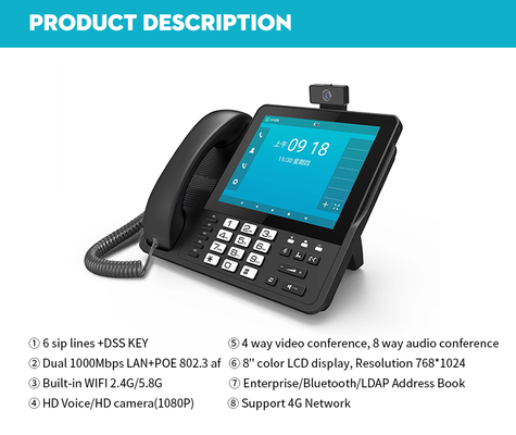 For Apartment Home Call Center Dual Gigabit Network Port PSTN with Camera Bluetooth 8 Inch Screen IP Phones System